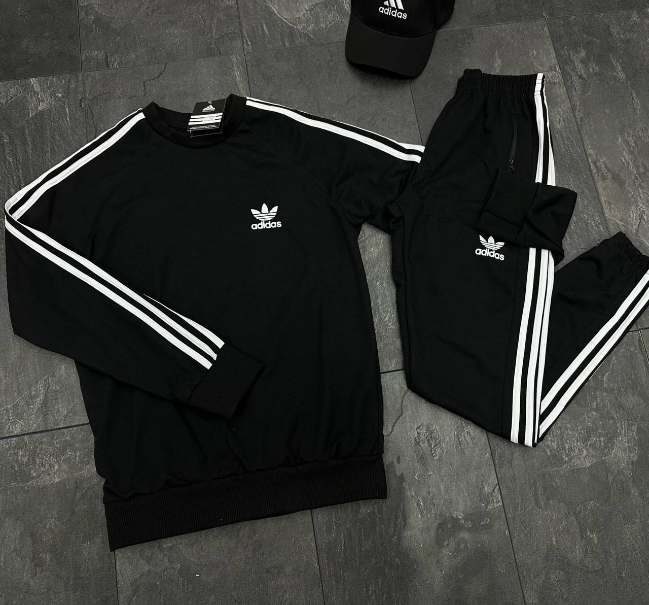 Комплект Світшот + Штани Adidas чорний двонитка демісезонний якісний трикотажний на кожен день костюм