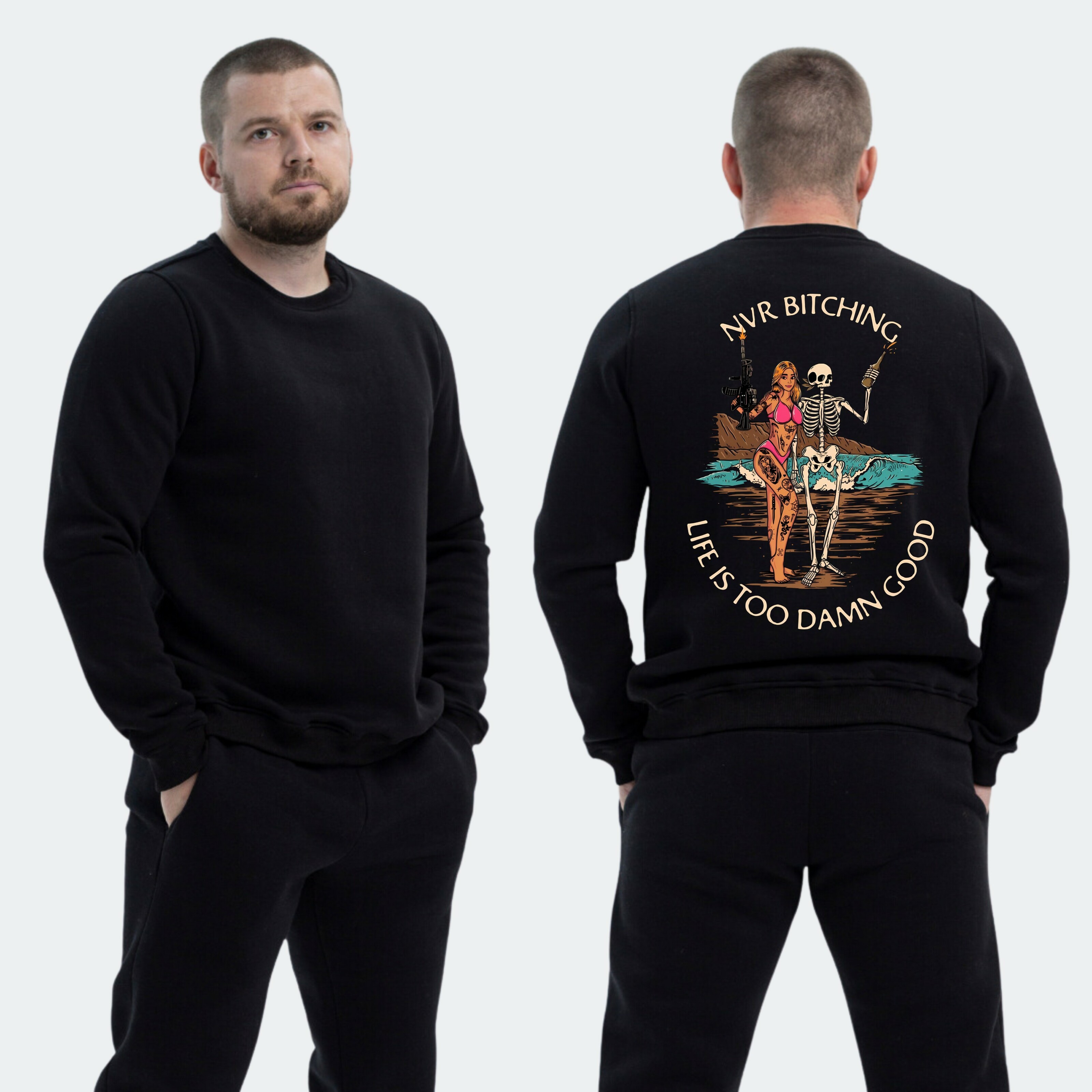 Чоловічий світшот на флісі з принтом Sunset Goons дівчина та скелет, Чорний