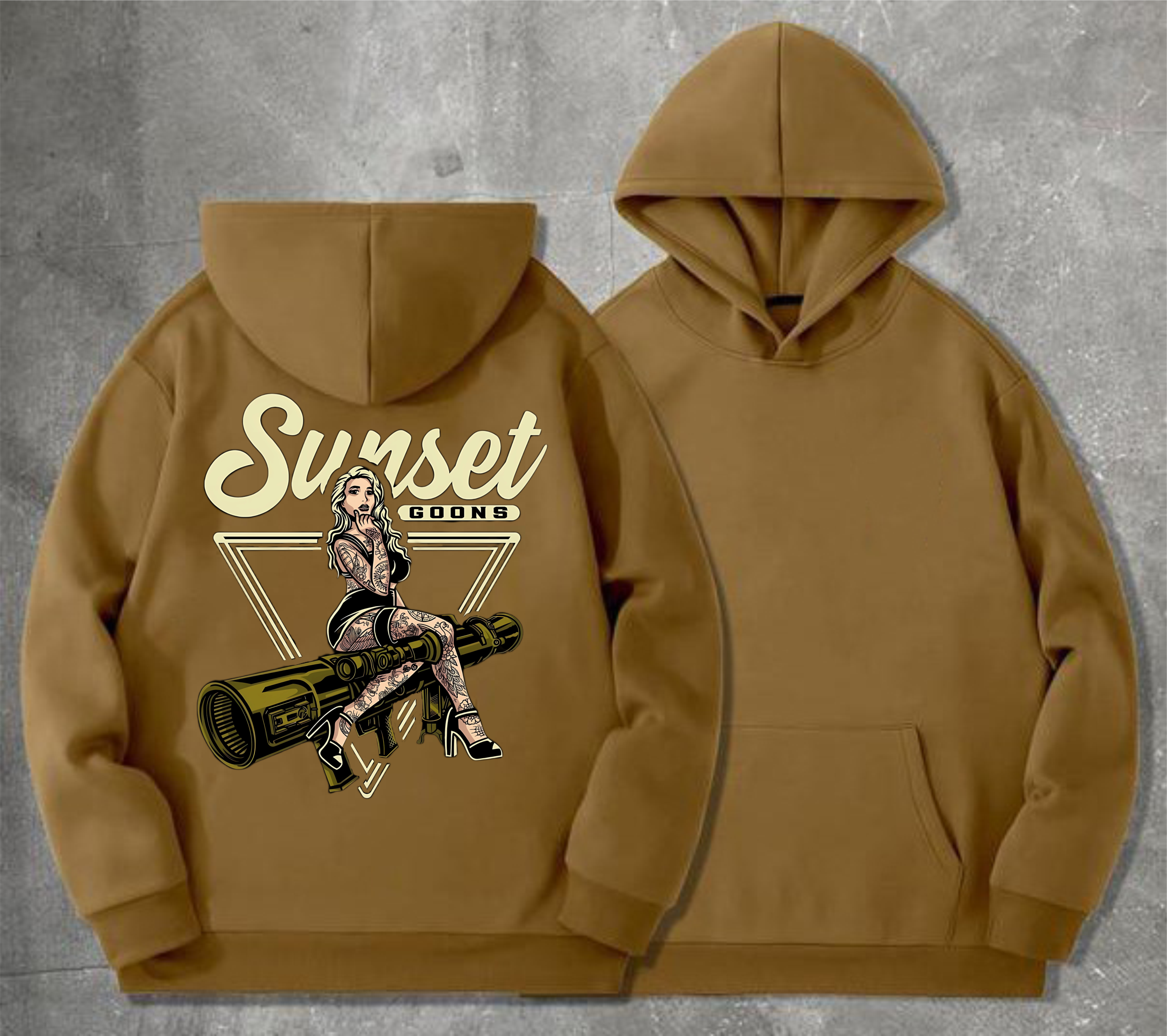 Худі чоловічий на флісі з принтом Sunset Goons дівчина на снайперській гвинтівці , Койот