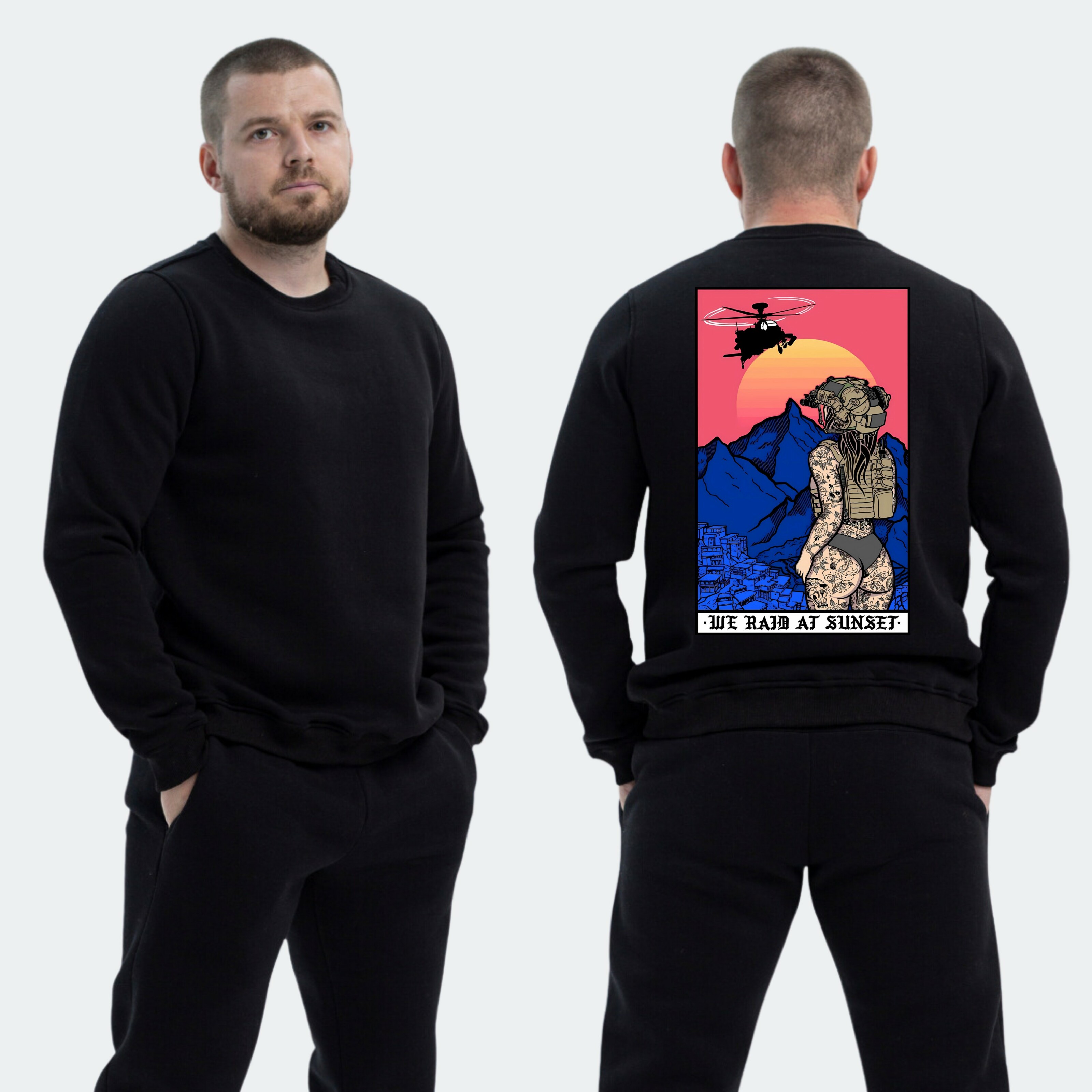 Чоловічий світшот на флісі з принтом Sunset Goons дівчина рейд на заході сонця гелікоптер, Чорний