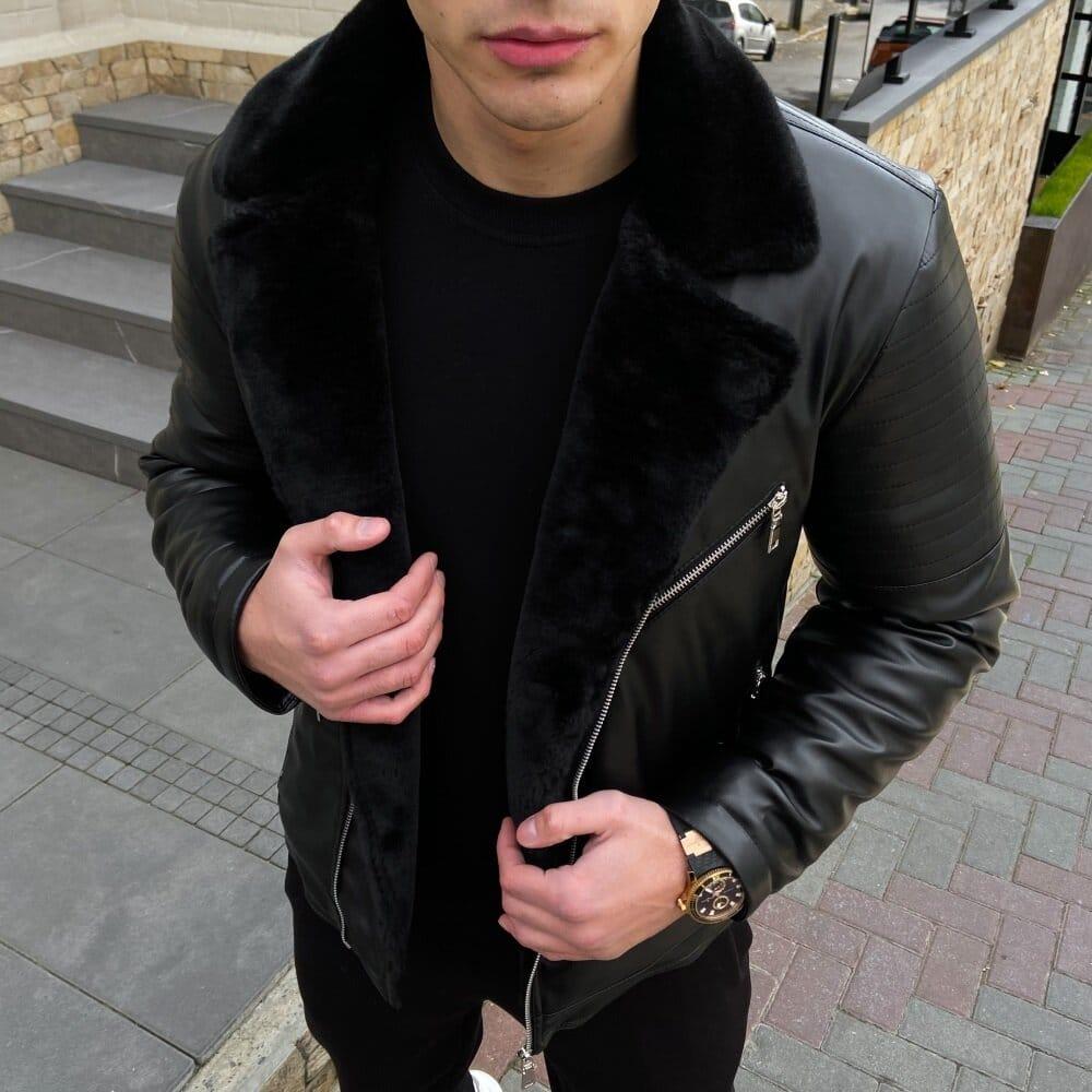 Куртка Pobedov Winter Jacket V6 Black мужская черная из экокожи на молнии укороченная с мехом верхняя одежда
