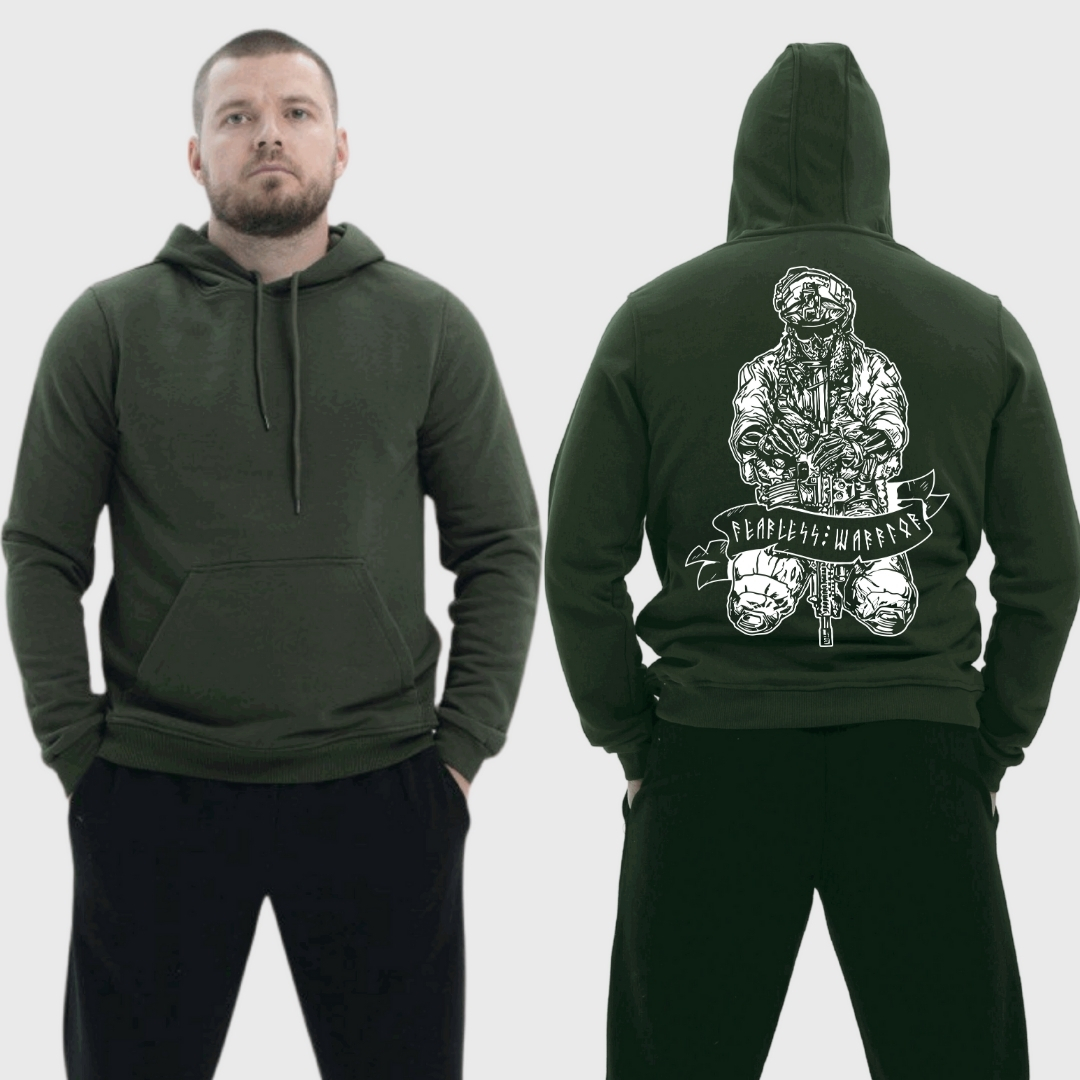 Чоловічий легкий худі з принтом Warrior військовий руни автомат гвинтівка, Хакі