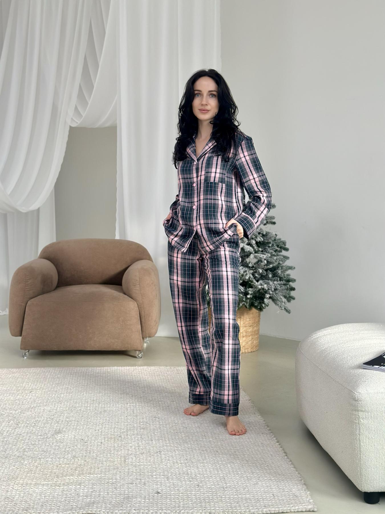 Домашня жіноча піжама COSY у клітинку рожево-сіра (сорочка+штани)