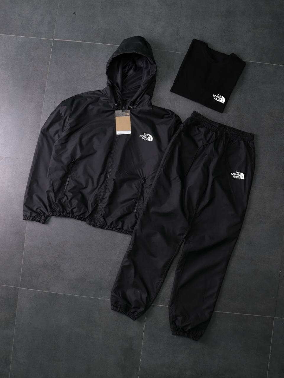Костюм чорний з плащівки Вітровка+Штани +Футболка чорна The North Face-мал демісезонний якісний комплект