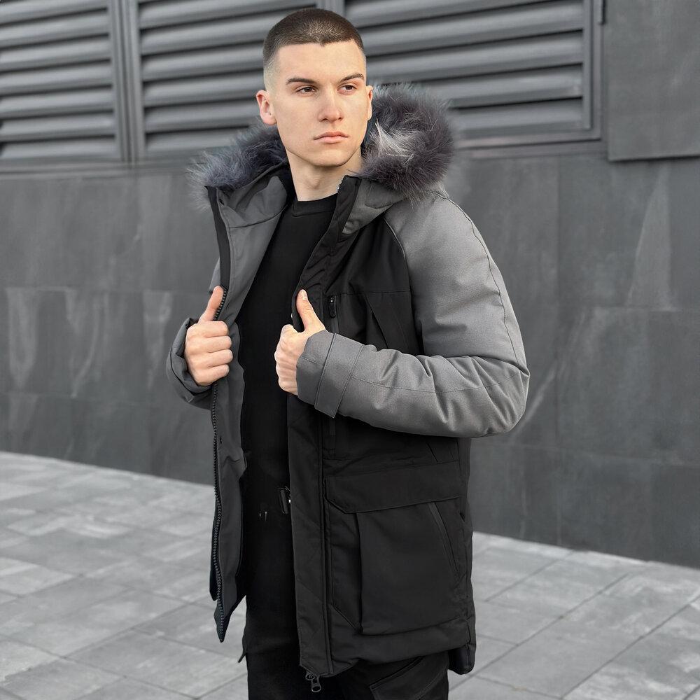 Парка Pobedov Seniora Udacha Gray Черно-серый на молнии на флисе с капюшоном с мехом на зиму теплая куртка