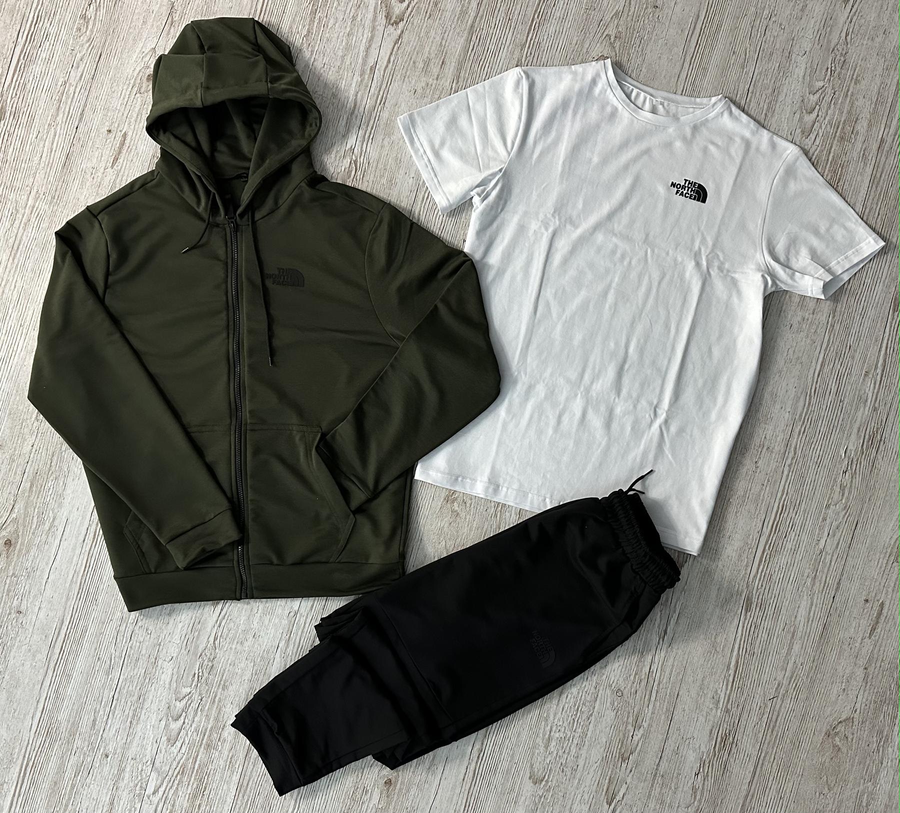 Демисезонный спортивный костюм The North Face кофта на молнии хаки + штаны (двонитка) + Футболка белая The