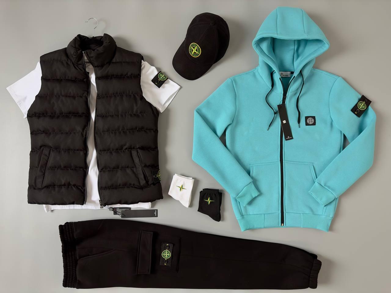 Набор Stone Island зима жилет зип худи бирюзовый штаны футболка белая кепка унисекс плащевка красивый комплект