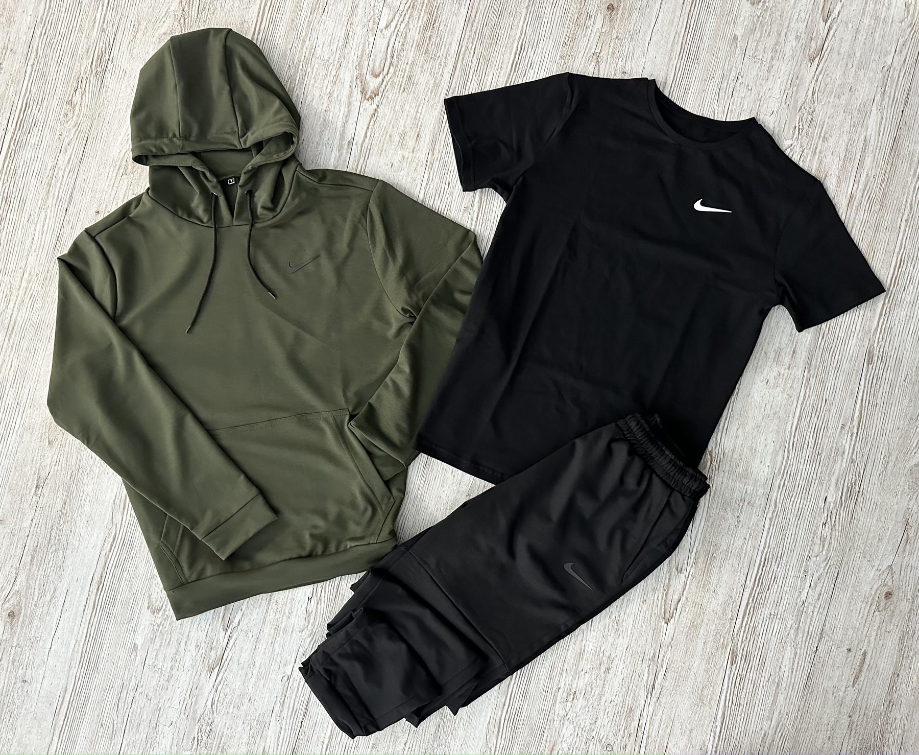 Демисезонный спортивный костюм Nike худи хаки + штаны (двонитка) + Футболка черная Nike + Жилетка + Носки 2
